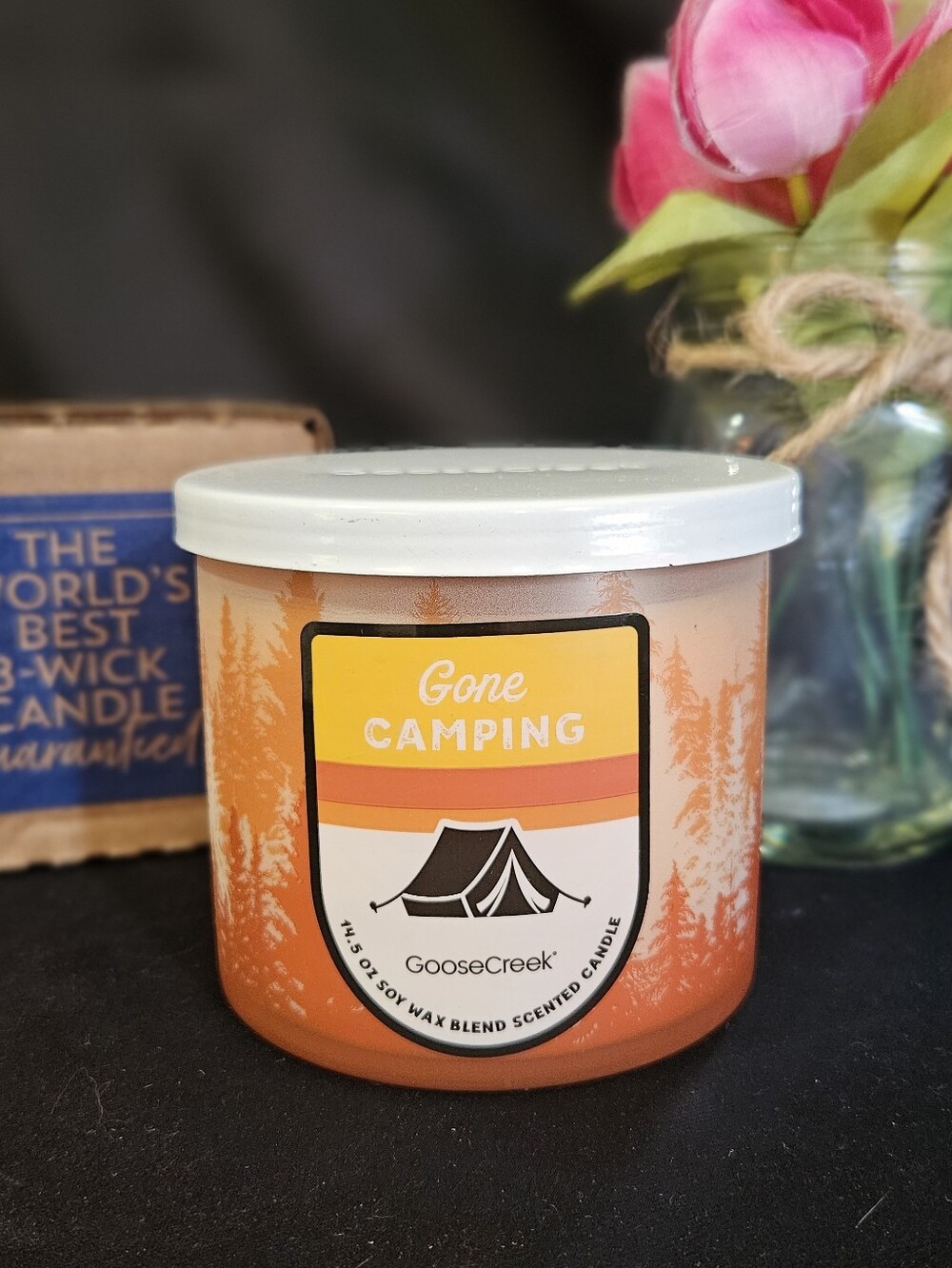 NWT Goose Creek Gone Camping 3-wick Candle - Orange, White